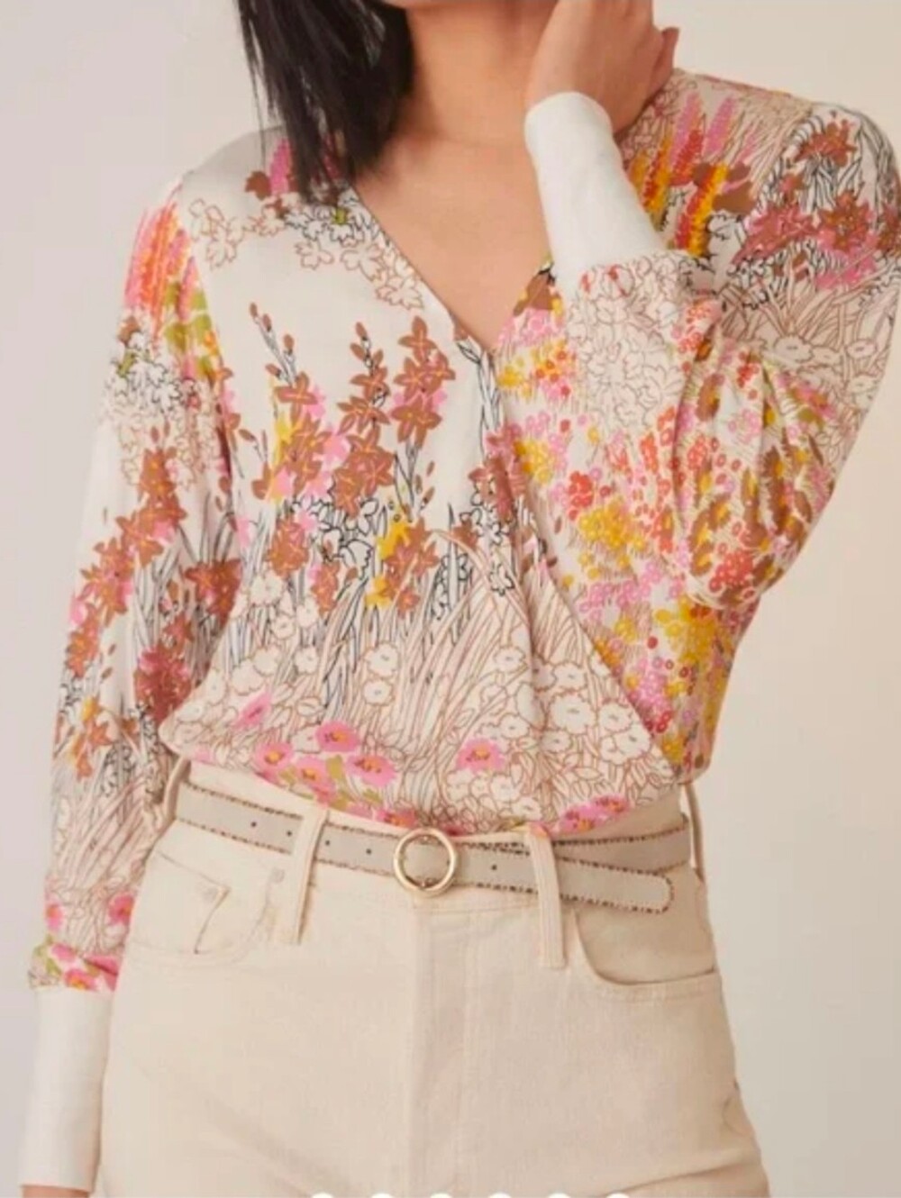 Anthropologie TINY Floral V-Neck Long Sleeve Blouse in Multi Pink Size L